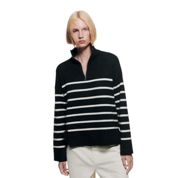 ZARA STRIPED SWEATER WITH ZIP BLACK / WHITE SIZE XL | 3519/125 - Picture 2 of 5